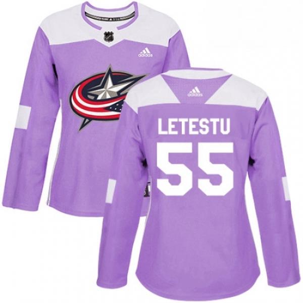 Womens Adidas Columbus Blue Jackets 55 Mark Letestu Authentic Purple Fights Cancer Practice NHL Jersey