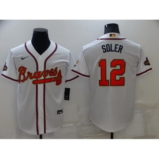 Men Atlanta Braves 12 Jorge Soler 2022 White Gold World Series Champions Program Cool Base Stitched Baseball jersey
