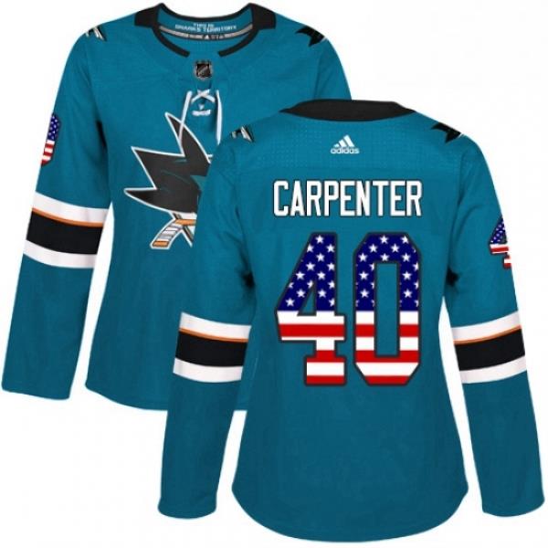 Womens Adidas San Jose Sharks 40 Ryan Carpenter Authentic Teal Green USA Flag Fashion NHL Jersey