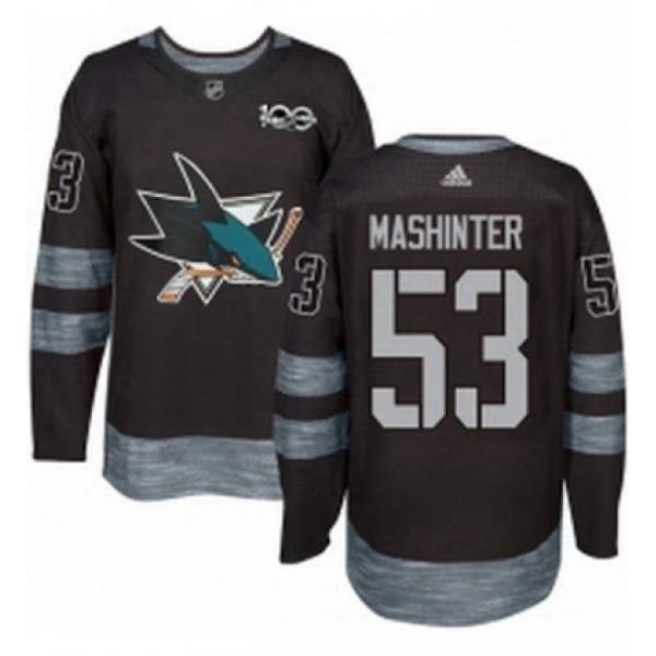Mens Adidas San Jose Sharks 53 Brandon Mashinter Authentic Black 1917 2017 100th Anniversary NHL Jersey