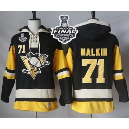 Men Pittsburgh Penguins 71 Evgeni Malkin Black Alternate Sawyer Hooded Sweatshirt 2017 Stanley Cup Final Patch Stitched NHL Jersey