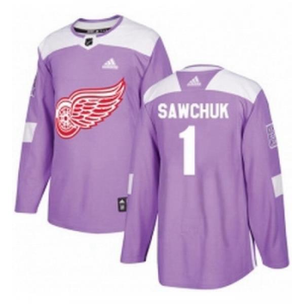 Youth Adidas Detroit Red Wings 1 Terry Sawchuk Authentic Purple Fights Cancer Practice NHL Jersey