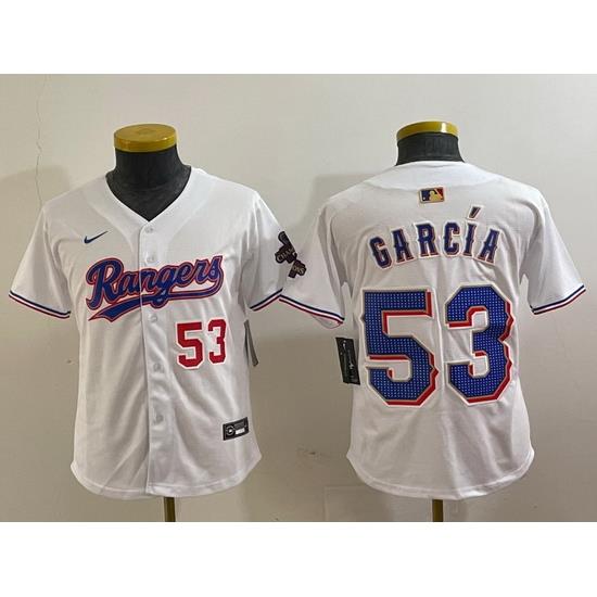 Youth Texas Rangers 53 Adolis Garcia White Gold Cool Base Stitched Baseball Jersey