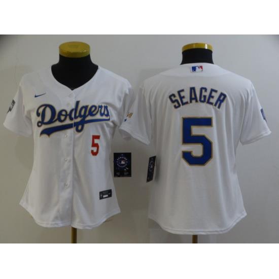 Women Los Angeles Dodgers Corey Seager 5 Championship Gold Trim White All Stitched Flex Base Jersey