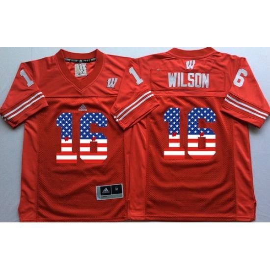 Wisconsin Badgers 16 Russell Wilson Red USA Flag College Jersey