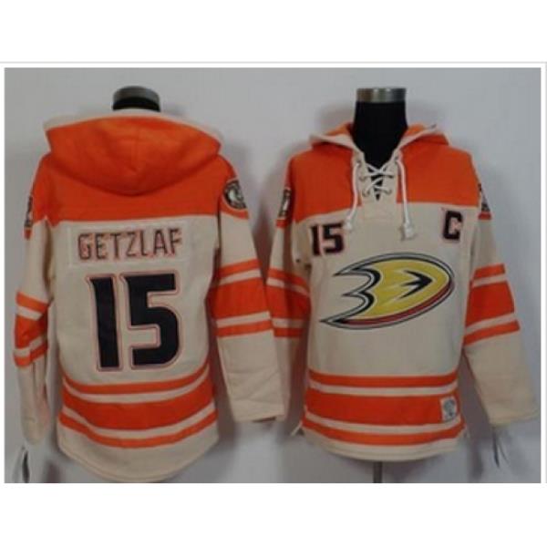 Anaheim Ducks #15 Ryan Getzlaf Cream Orange Sawyer Hooded Sweatshirt Stitched NHL Jersey