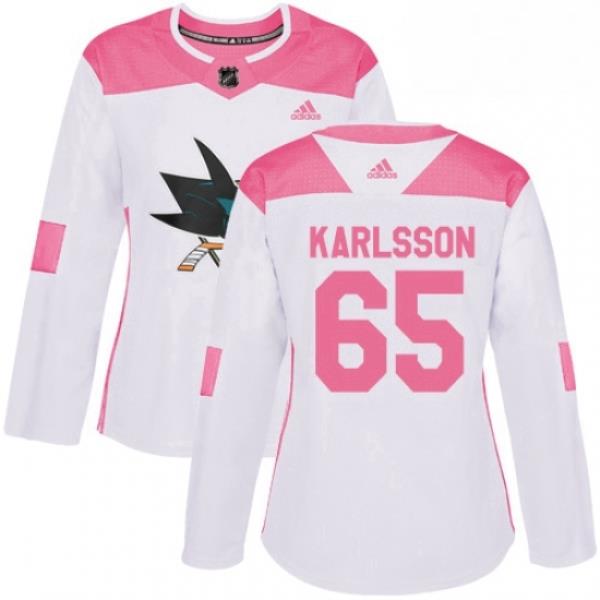 Womens Adidas San Jose Sharks 65 Erik Karlsson Authentic White Pink Fashion NHL Jersey