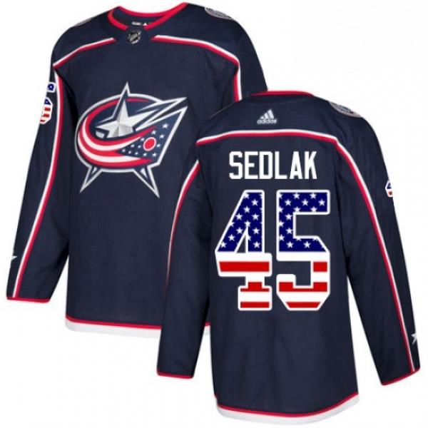 Mens Adidas Columbus Blue Jackets 45 Lukas Sedlak Authentic Navy Blue USA Flag Fashion NHL Jersey