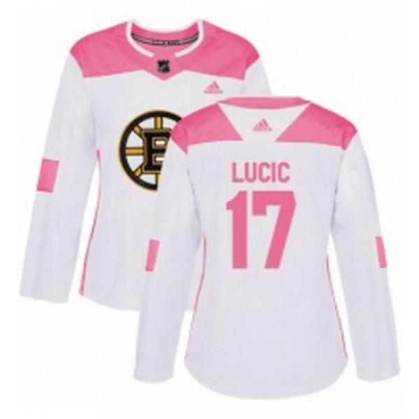 Womens Adidas Boston Bruins 17 Milan Lucic Authentic WhitePink Fashion NHL Jersey