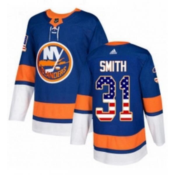 Mens Adidas New York Islanders 31 Billy Smith Authentic Royal Blue USA Flag Fashion NHL Jersey
