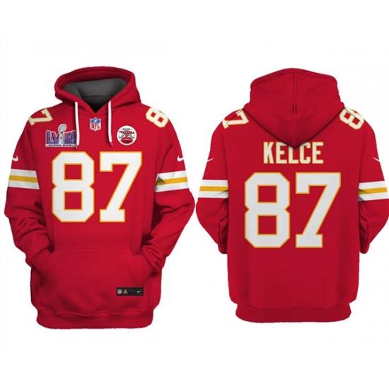 Men Kansas City Chiefs 87 Travis Kelce Red Super Bowl LVIII Patch Pullover Hoodie