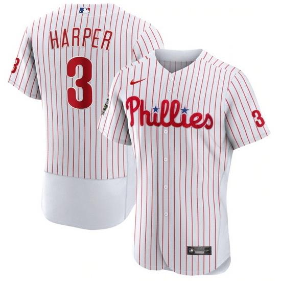 Men Philadelphia Phillies 3 Bryce Harper White 2022 World Series Flex Base Stitched Baseball Jersey