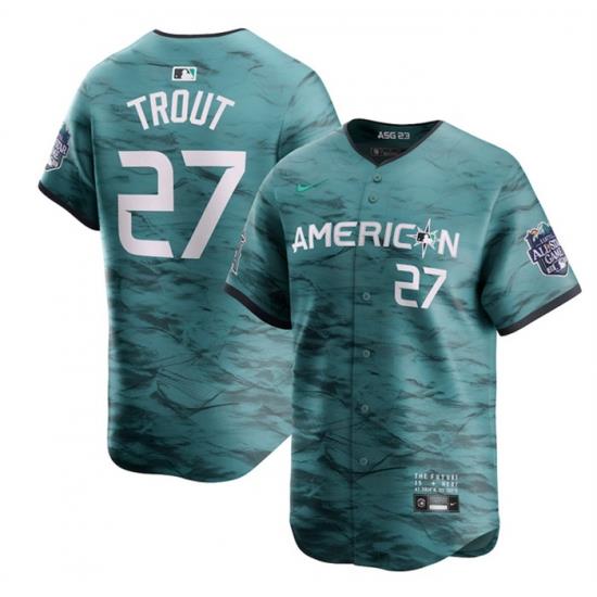 Men Los Angeles Angels 27 Mike Trout Teal 2023 All Star Cool Base Stitched Jersey