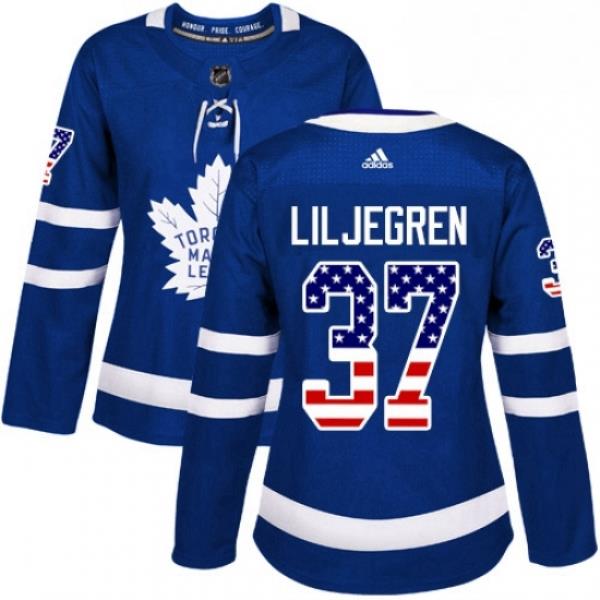 Womens Adidas Toronto Maple Leafs 37 Timothy Liljegren Authentic Royal Blue USA Flag Fashion NHL Jersey