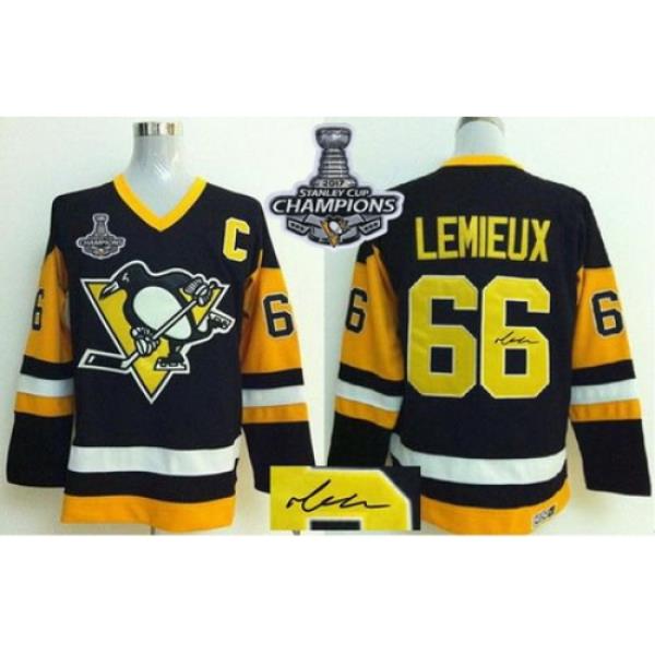 Penguins #66 Mario Lemieux Black CCM Throwback Autographed 2017 Stanley Cup Finals Champions Stitched NHL Jersey