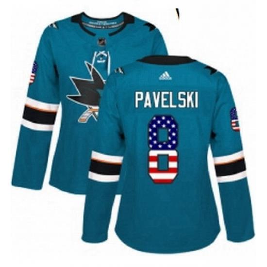 Womens Adidas San Jose Sharks 8 Joe Pavelski Authentic Teal Green USA Flag Fashion NHL Jersey