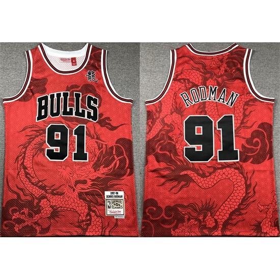 Men Chicago Bulls 91 Dennis Rodman Red 1997 98 Throwback Stitched Basketball Jersey 01