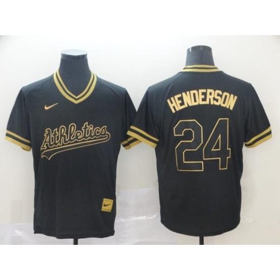 Men Oakland Athletics Rickey Henderson Black Gold CooperstoWn Collection Legend V Neck Jersey