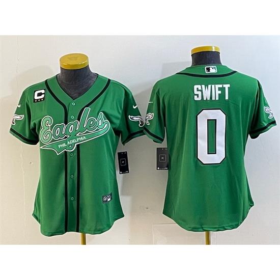 Women Philadelphia Eagles 0 D u2019andre SWift Green With 3 Star C Patch Cool Base Stitched Baseball Jersey 28Run Small 29