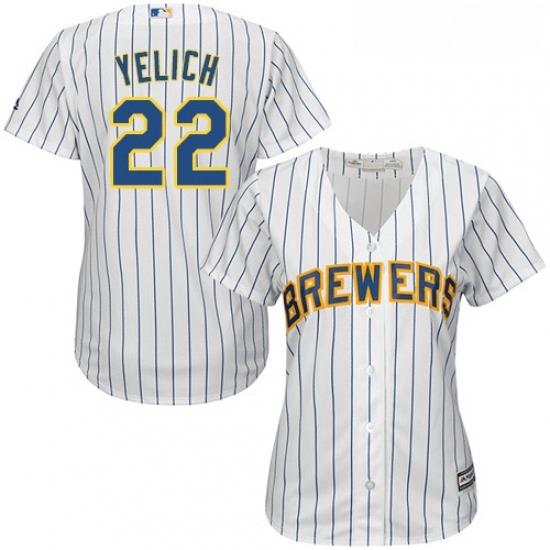 Womens Milwaukee Brewers 22 Christian Yelich White Strip Home Stitched MLB Jersey