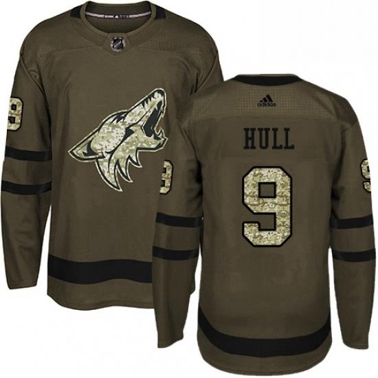 Mens Adidas Arizona Coyotes 9 Bobby Hull Premier Green Salute to Service NHL Jersey