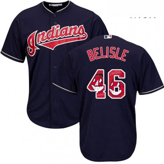 Mens Majestic Cleveland Indians 46 Matt Belisle Authentic Navy Blue Team Logo Fashion Cool Base MLB Jersey