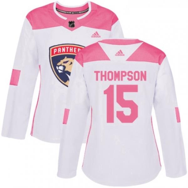 Womens Adidas Florida Panthers 15 Paul Thompson Authentic White Pink Fashion NHL Jersey