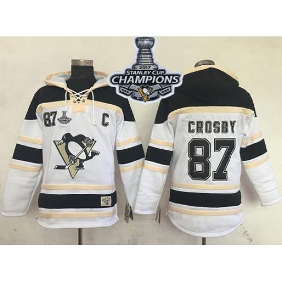 Men Pittsburgh Penguins 87 Sidney Crosby White Sawyer Hooded Sweatshirt 2017 Stanley Cup Finals Champions Stitched NHL Jersey