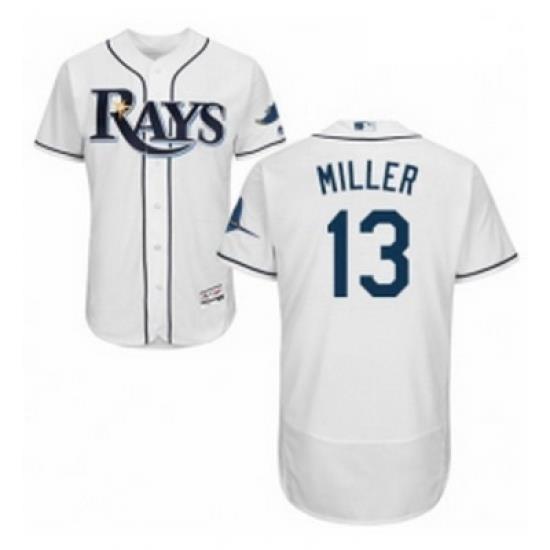 Mens Majestic Tampa Bay Rays 13 Brad Miller Home White Home Flex Base Authentic Collection MLB Jersey