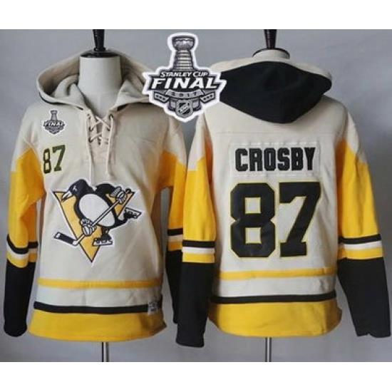 Men Pittsburgh Penguins 87 Sidney Crosby Cream Gold Sawyer Hooded Sweatshirt 2017 Stanley Cup Final Patch Stitched NHL Jersey