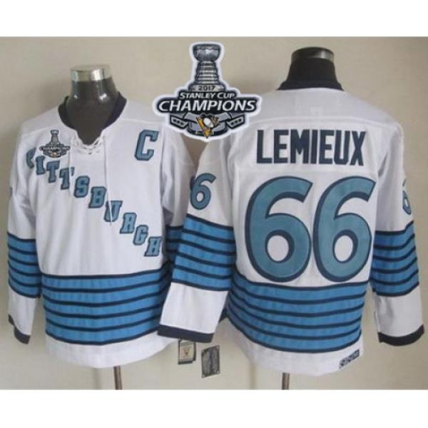 Penguins #66 Mario Lemieux White Light Blue CCM Throwback 2017 Stanley Cup Finals Champions Stitched NHL Jersey