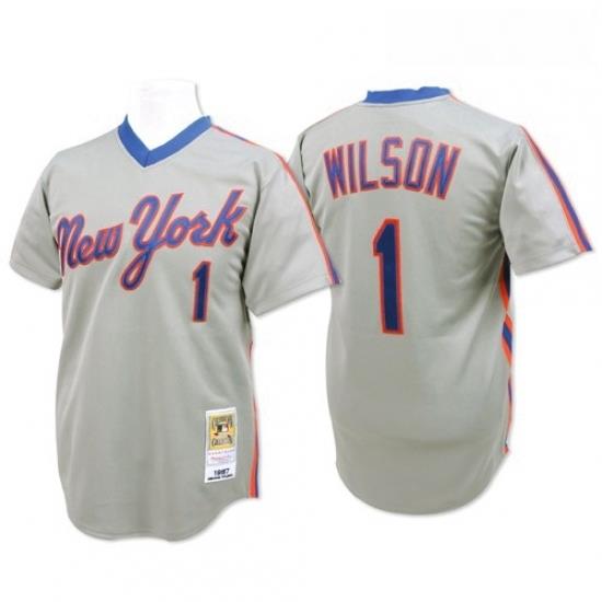 Mens Mitchell and Ness NeW York Mets 1 Mookie Wilson Authentic Grey ThroWback MLB Jersey