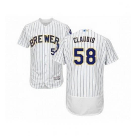 Mens Milwaukee Brewers 58 Alex Claudio White Home Flex Base Authentic Collection Baseball Jersey