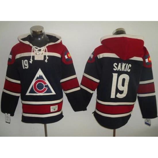 Men Colorado Avalanche 19 Joe Sakic Navy Blue Sawyer Hooded Sweatshirt Stitched NHL Jersey