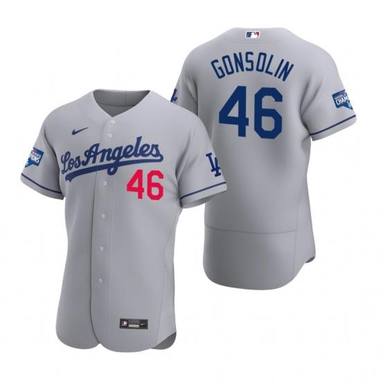Men Los Angeles Dodgers 46 Tony Gonsolin Gray 2020 World Series Champions Road Flex Base Jersey