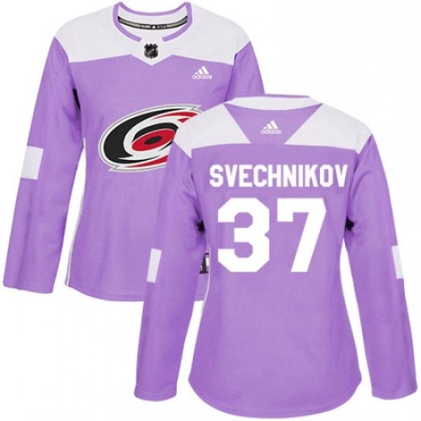 Womens Adidas Carolina Hurricanes 37 Andrei Svechnikov Authentic Purple Fights Cancer Practice NHL Jersey