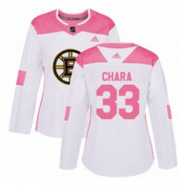 Womens Adidas Boston Bruins 33 Zdeno Chara Authentic WhitePink Fashion NHL Jersey