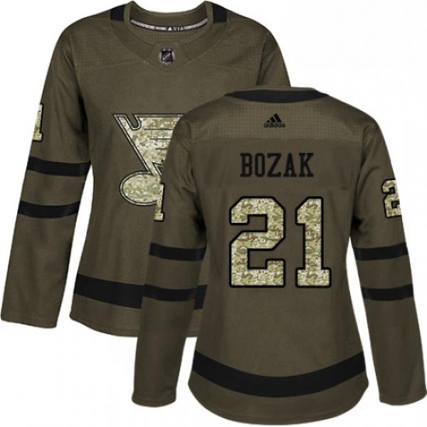 Womens Adidas St Louis Blues 21 Tyler Bozak Authentic Green Salute to Service NHL Jersey
