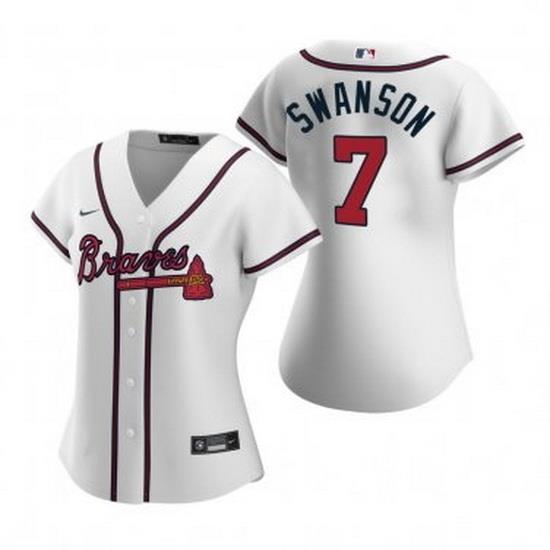 Women Atlanta Braves 7 Dansby SWanson White Cool Base Stitched Jersey