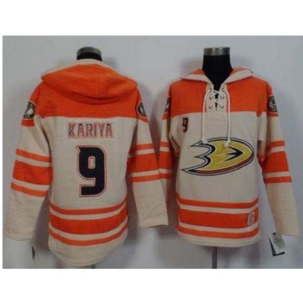 Anaheim Ducks #9 Paul Kariya Cream Orange Sawyer Hooded Sweatshirt Stitched NHL Jersey