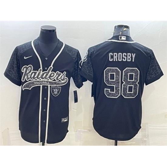 Men Las Vegas Raiders 98 Maxx Crosby Black Reflective With Patch Cool Base Stitched Baseball Jersey