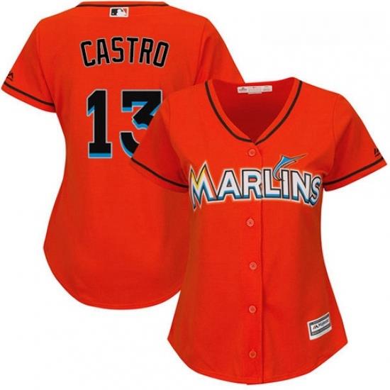 Womens Majestic Miami Marlins 13 Starlin Castro Replica Orange Alternate 1 Cool Base MLB Jersey