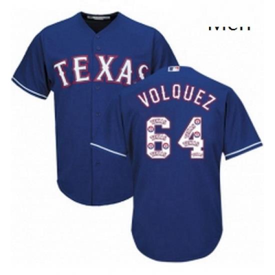 Mens Majestic Texas Rangers 64 Edinson Volquez Authentic Royal Blue Team Logo Fashion Cool Base MLB Jersey