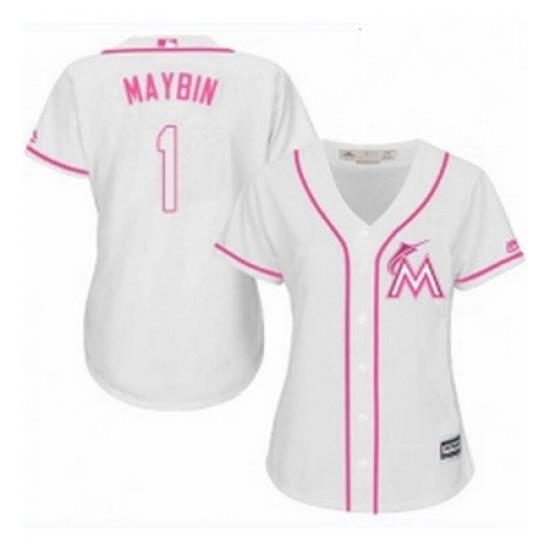 Womens Majestic Miami Marlins 1 Cameron Maybin Replica White Fashion Cool Base MLB Jersey