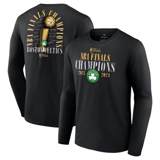 Men Boston Celtics Black 2024 Finals Champions Fade Away Jumper Roster Signature Long Sleeve T Shirt