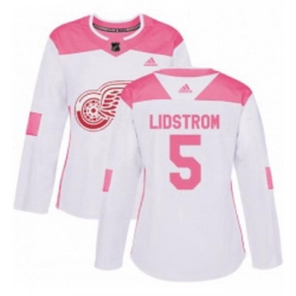 Womens Adidas Detroit Red Wings 5 Nicklas Lidstrom Authentic WhitePink Fashion NHL Jersey