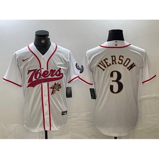 Men Philadelphia 76ers 3 Allen Iverson White Cool Base Stitched Baseball Jersey 2