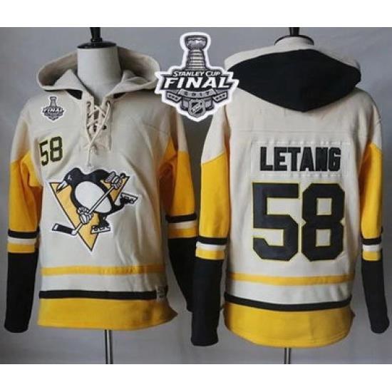 Men Pittsburgh Penguins 58 Kris Letang Cream Gold Sawyer Hooded Sweatshirt 2017 Stanley Cup Final Patch Stitched NHL Jersey