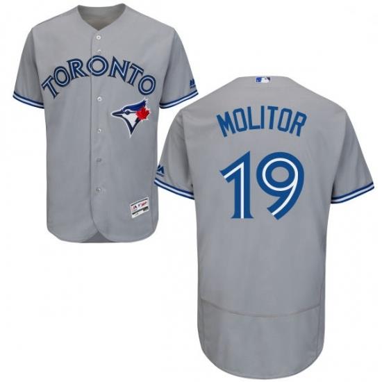 Mens Majestic Toronto Blue Jays 19 Paul Molitor Grey Road Flex Base Authentic Collection MLB Jersey