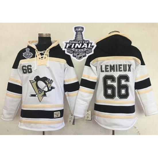 Men Pittsburgh Penguins 66 Mario Lemieux White Sawyer Hooded Sweatshirt 2017 Stanley Cup Final Patch Stitched NHL Jersey